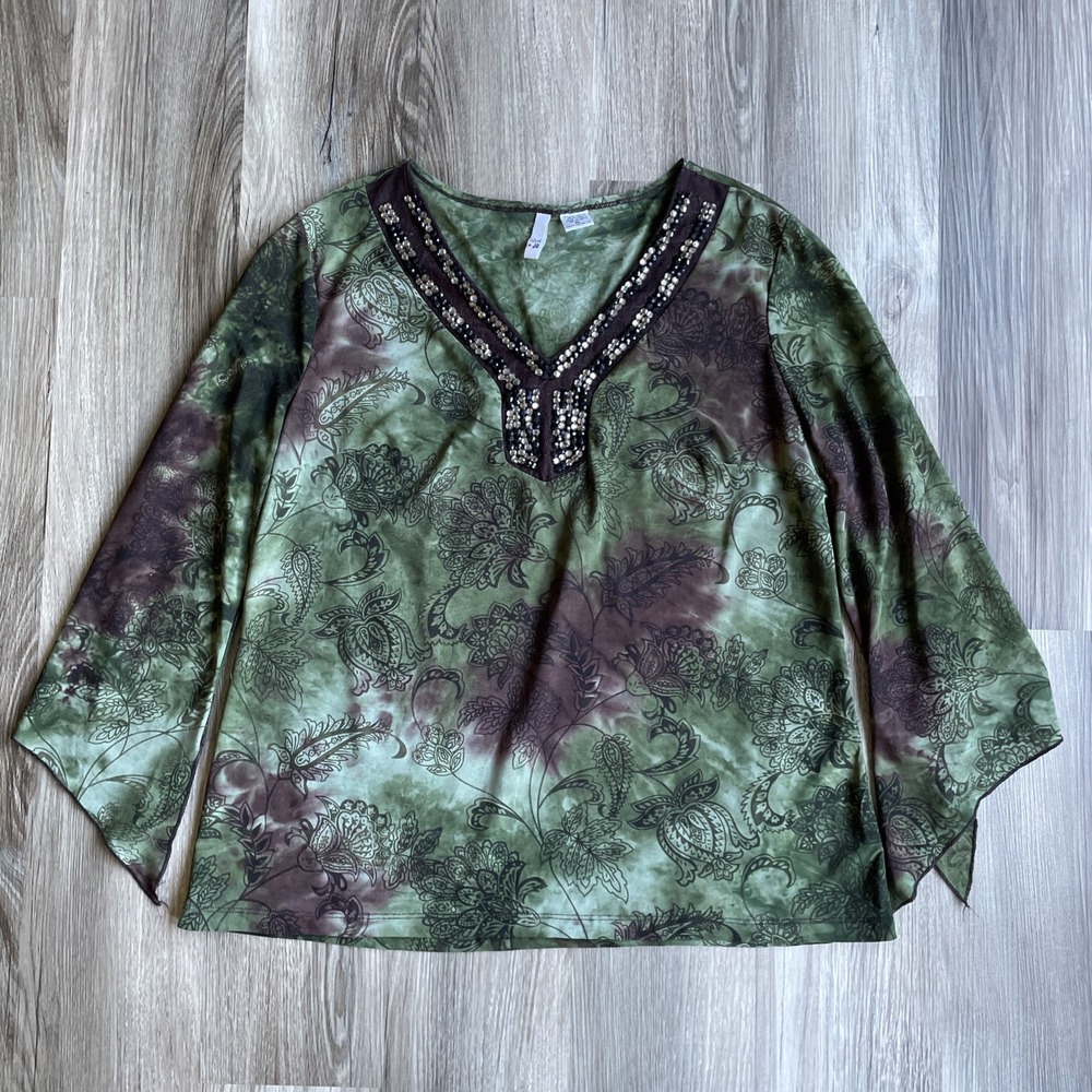 Sami & Jo Velvet Burnout Top XL Green Brown Paisley Witchy Goblincore 3/4 Sleeve